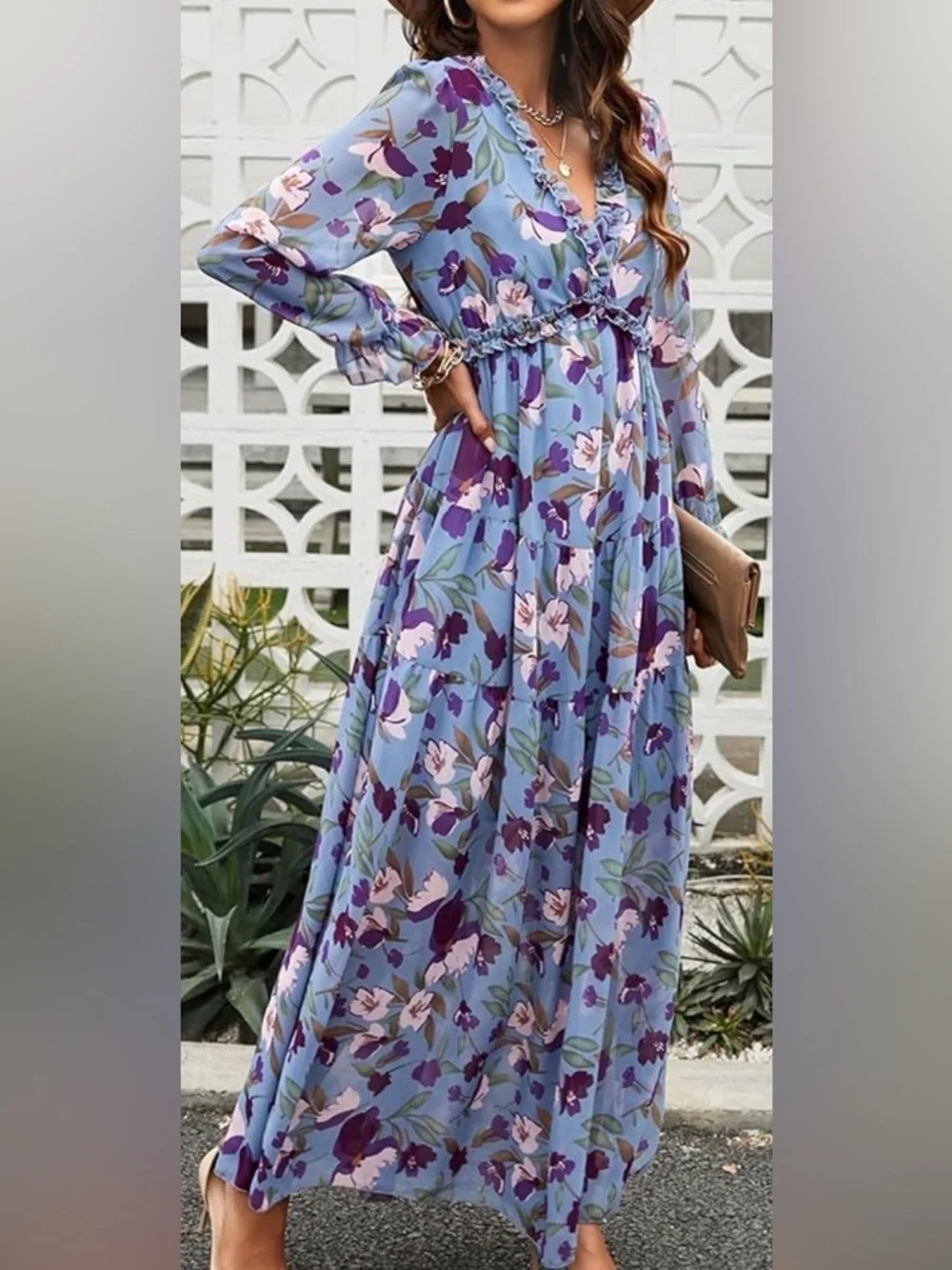 Blue Floral Maxi Dress with Ruffle V-Neck - Picture 3 of 3